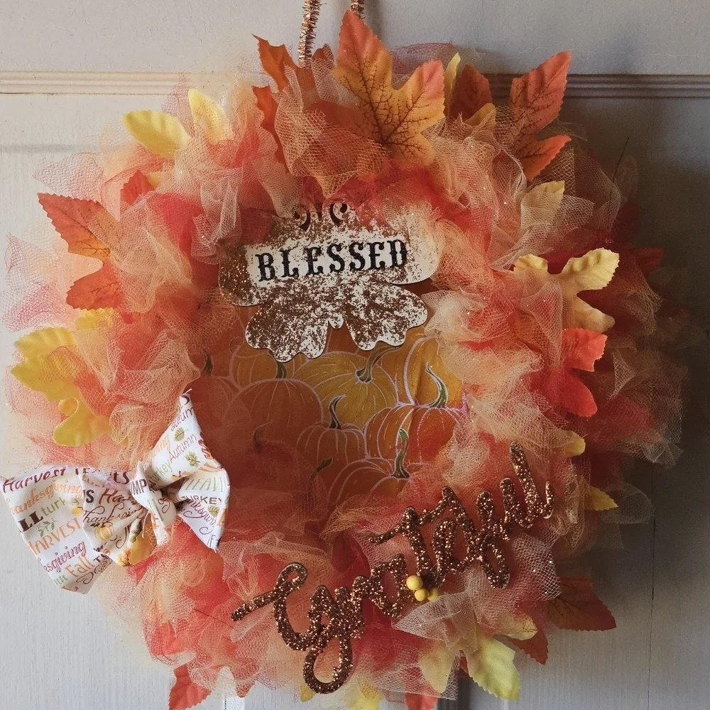 Handmade Fall Holiday Wreath Blessed Grateful Autumn Decor